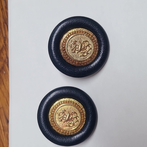 Huge Navy Blue and Gold Tone Button Earrings Vtg Style - Picture 3 of 8